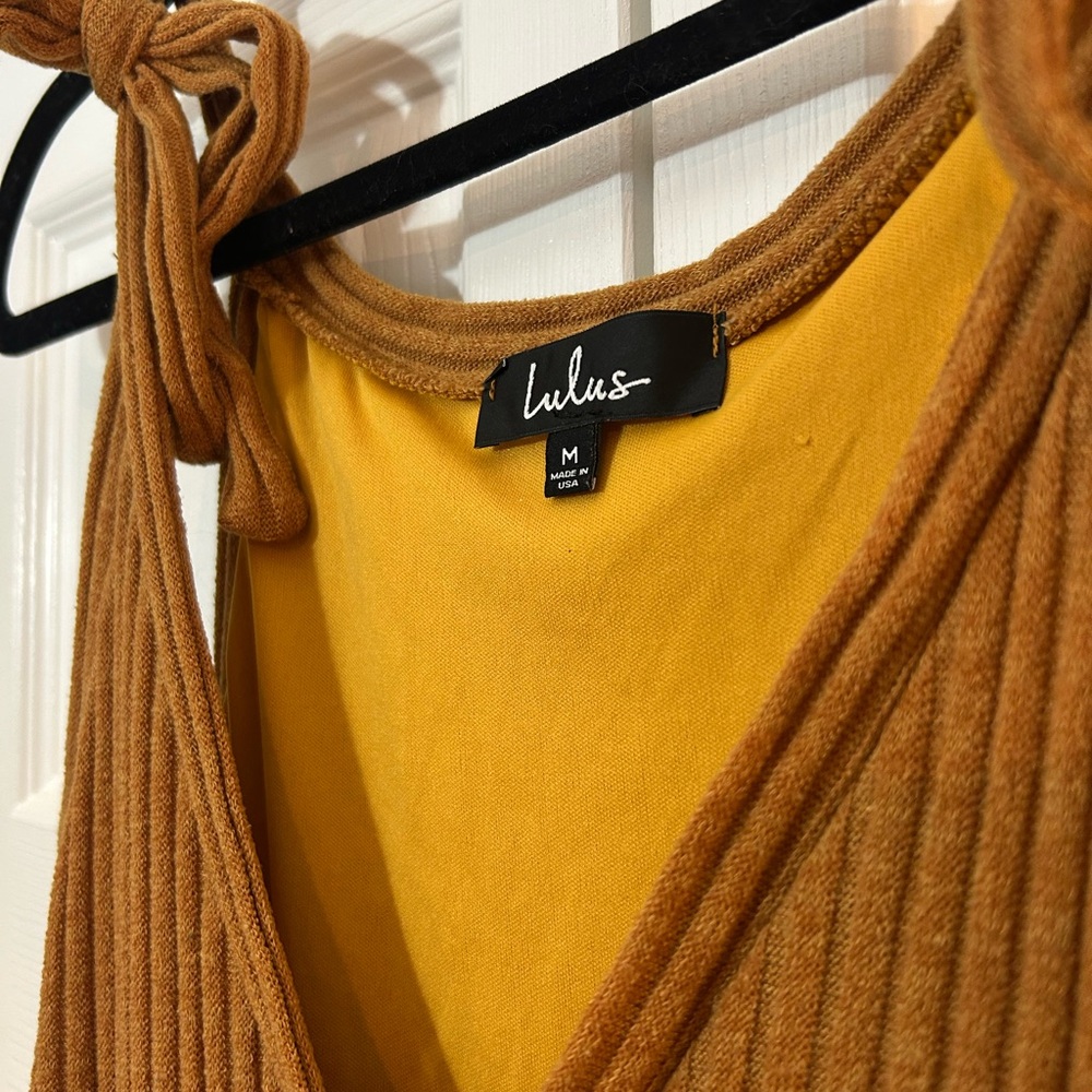 Lulus Ribbed Knit Midi Dress Camel Mustard Brown Tie Shoulder Size M - Picture 2 of 5
